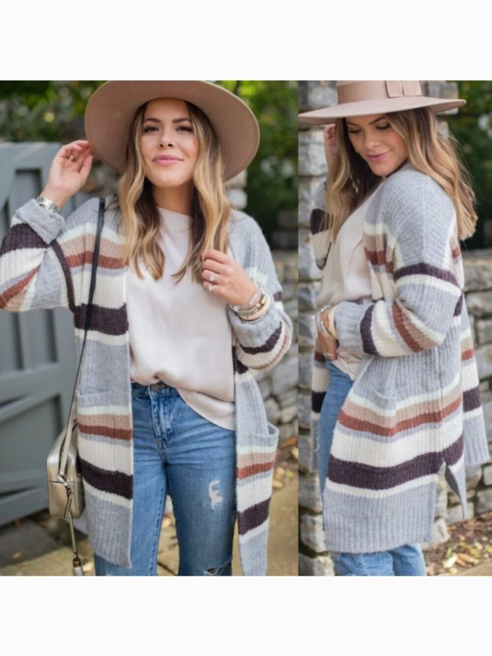 A NEW DAY Striped Open Front Cardigan Gray Cream Tan Brown Long Heavy Sweater M